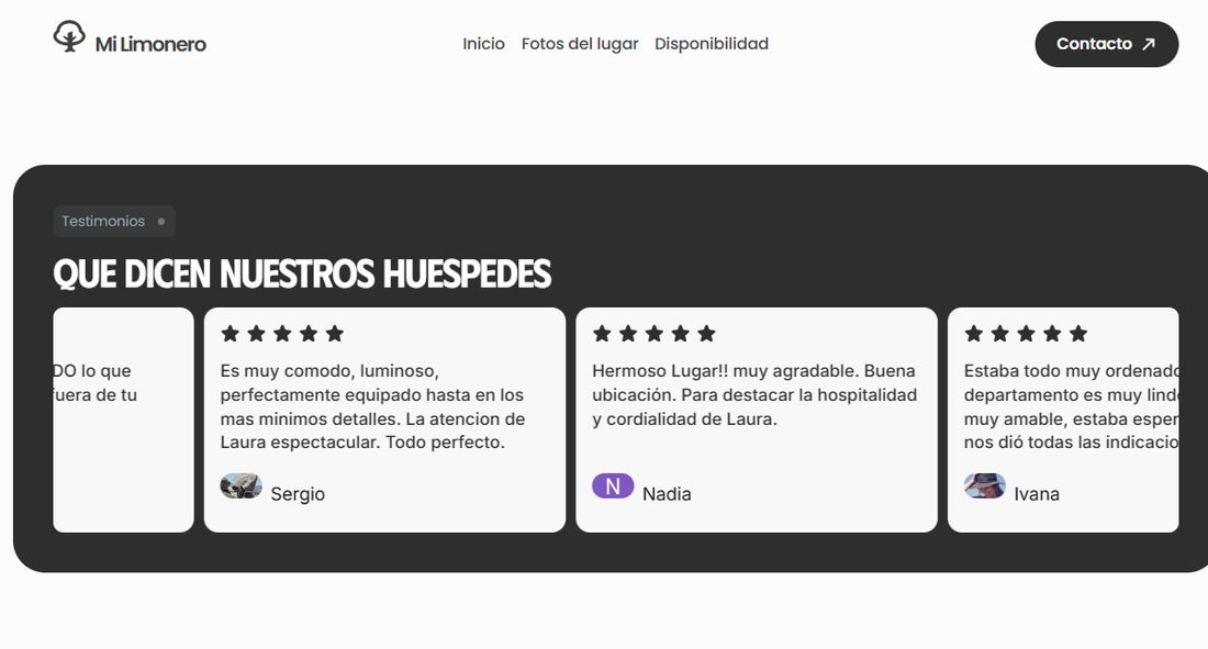 Sección de opiniones de huéspedes del sitio de Mi Limonero